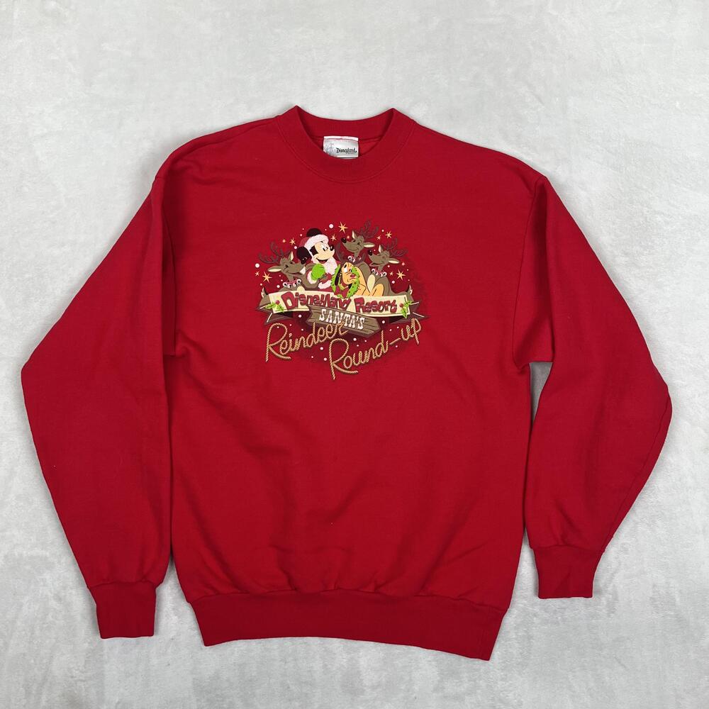 Disneyland Resort Sweatshirt Youth XL Red Santa Reindeer Roundup Mickey Pluto